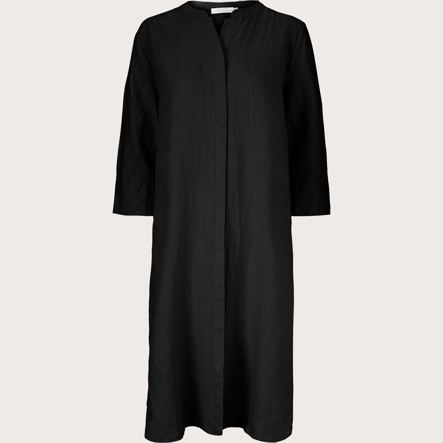 robe-chemise en lin avec manches trois-quarts, Black